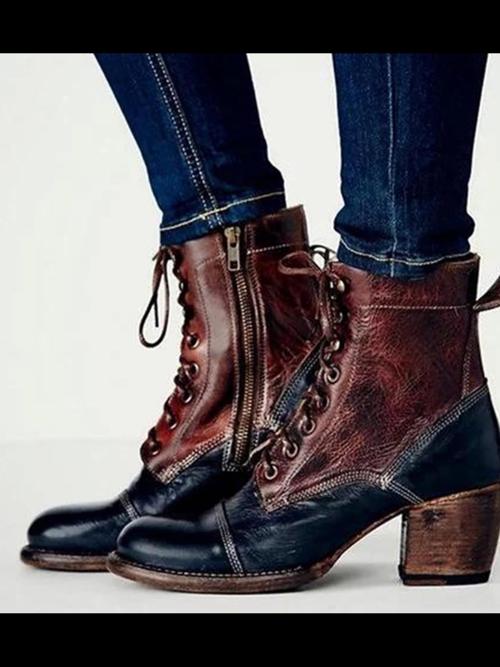 Bed Stu Two-Tone Lace-Up Leather Ankle Boots in Brown & Black